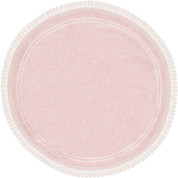 Blush pink round rug with ivory tassel fringe and a subtle concentric border for a soft, airy look. || ECR211U-6R || top_studio