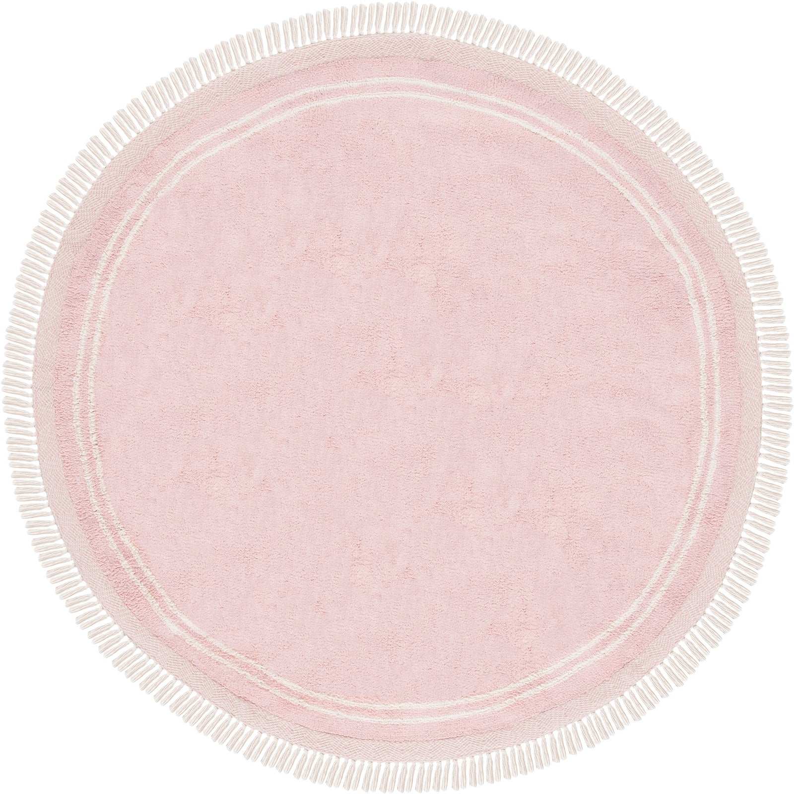 Blush pink round rug with ivory tassel fringe and a subtle concentric border for a soft, airy look. || ECR211U-6R || top_studio