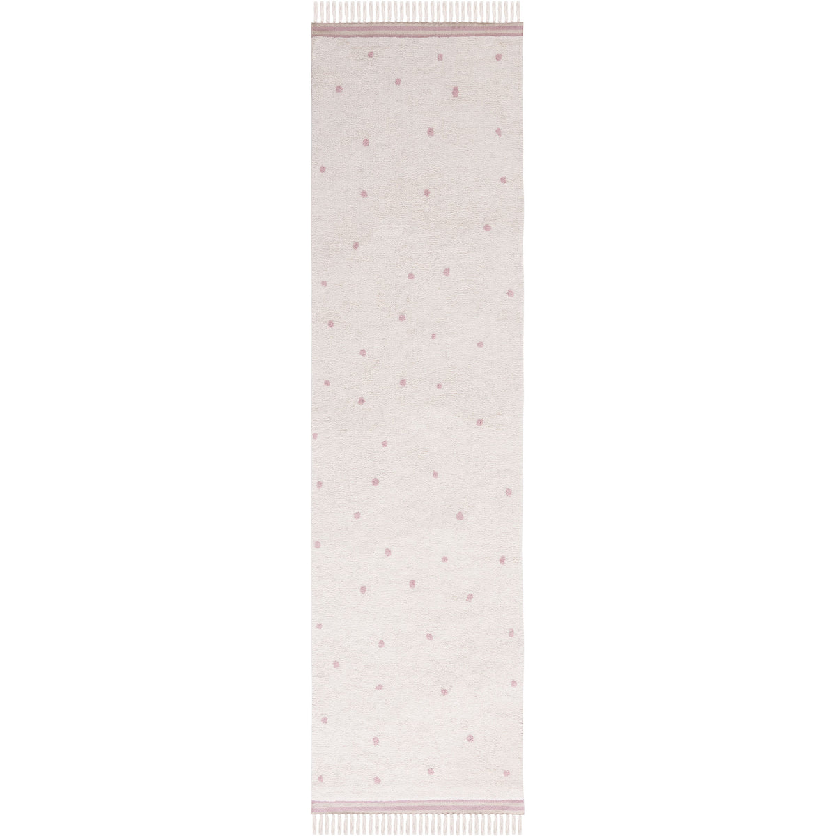 Ivory runner rug with soft pink dots and tasseled ends for a playful, airy look || ECR212U-29 || top_studio