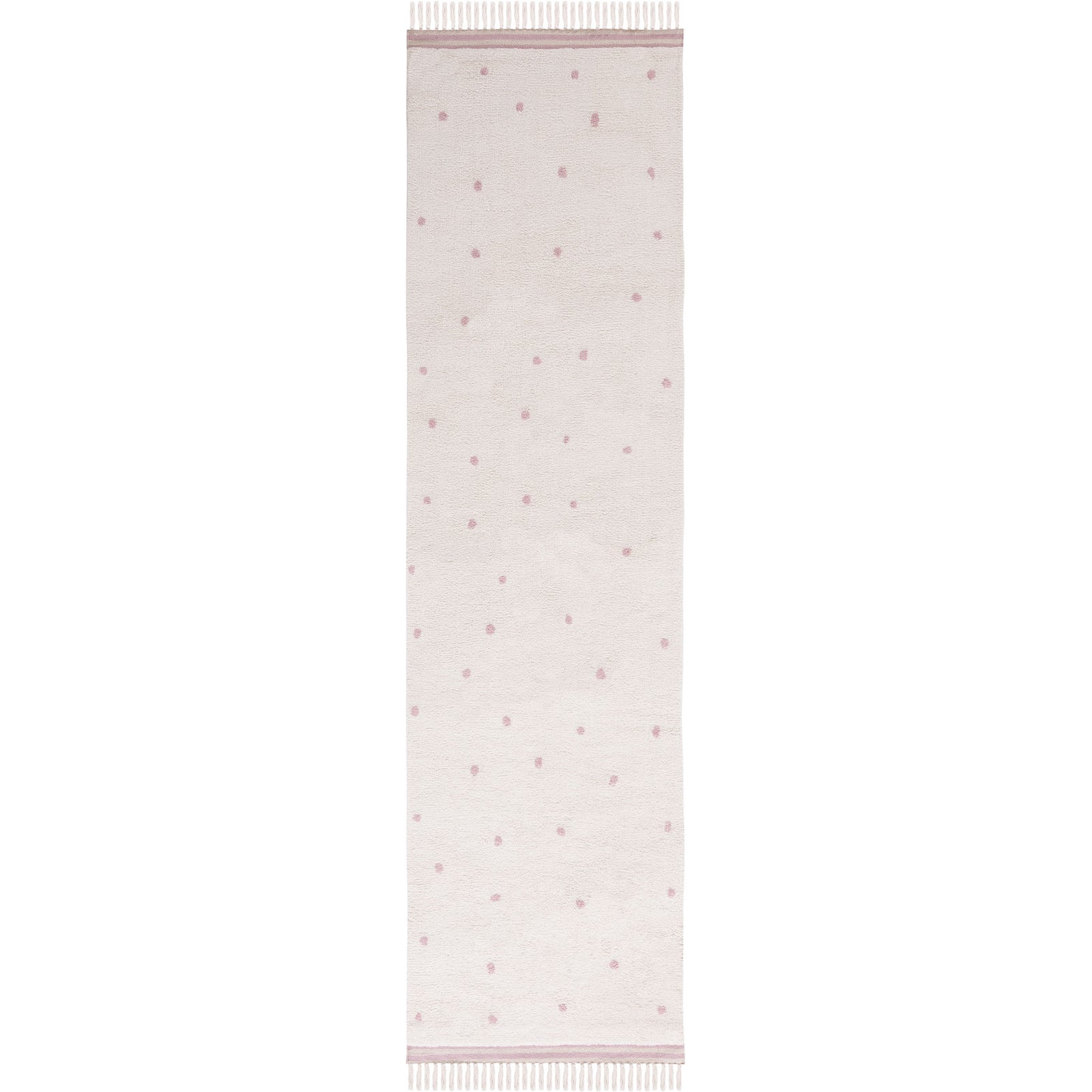 Ivory runner rug with soft pink dots and tasseled ends for a playful, airy look || ECR212U-29 || top_studio