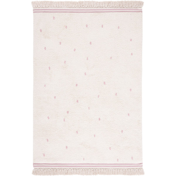 Ivory rug with pink polka dots and fringe accents on both ends || ECR212U-4 || top_studio