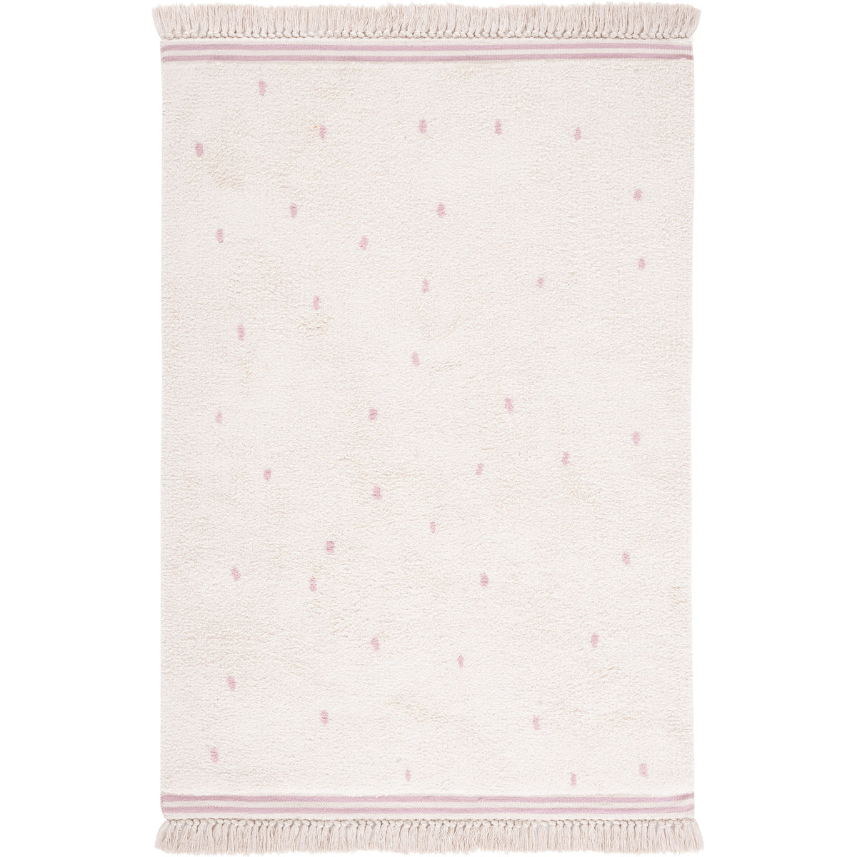 Ivory rug with pink polka dots and fringe accents on both ends || ECR212U-4 || top_studio