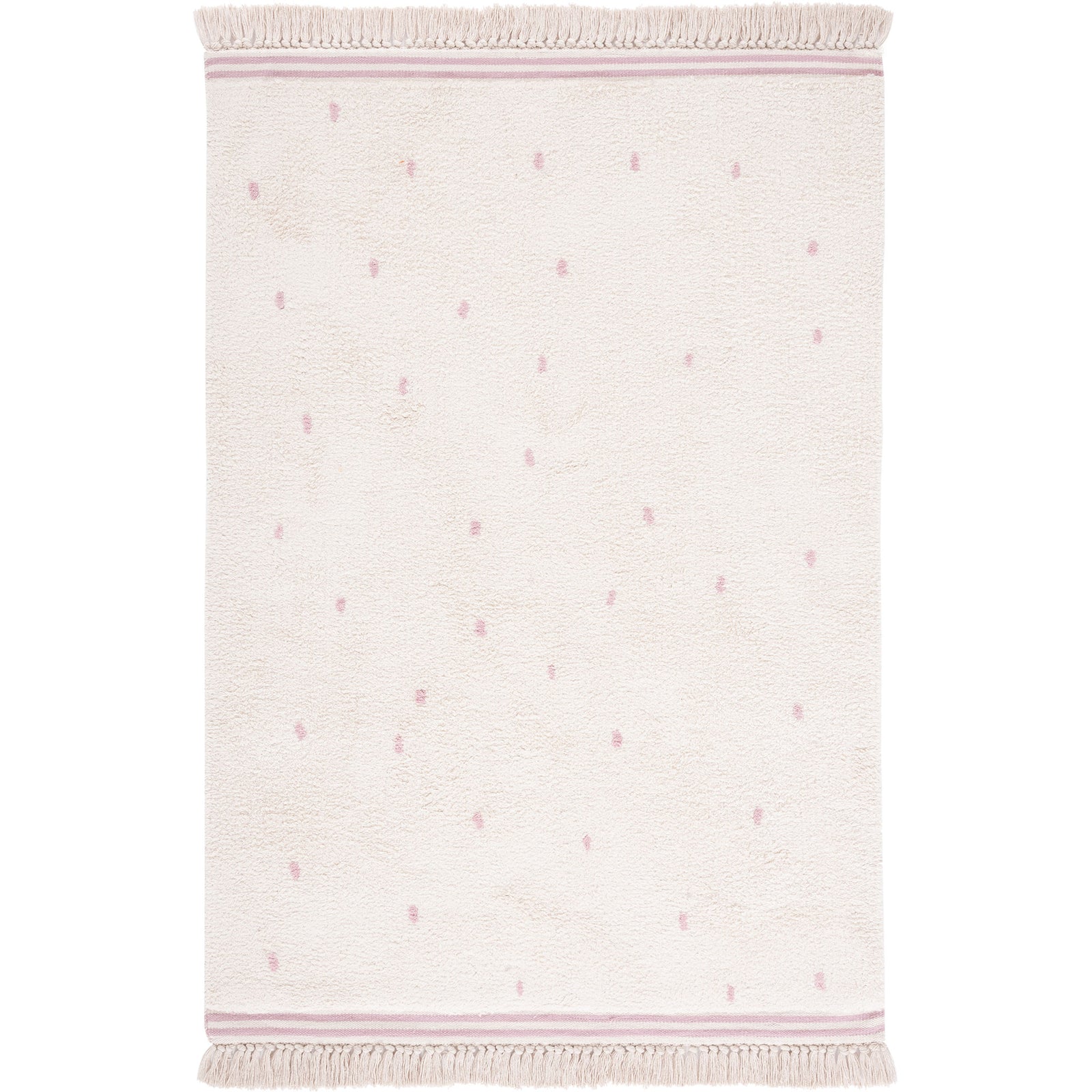 Ivory rug with pink polka dots and fringe accents on both ends || ECR212U-4 || top_studio