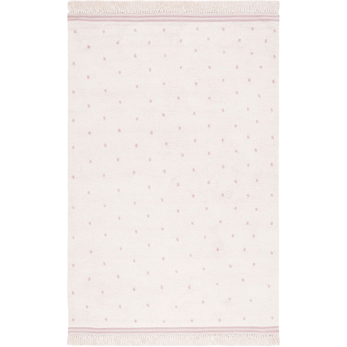 Ivory area rug sprinkled with soft pink dots and finished with fringe trim || ECR212U-5 || top_studio