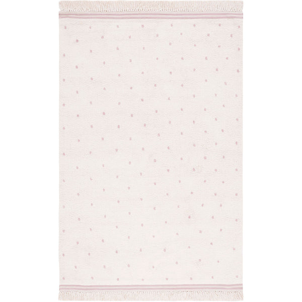 Ivory area rug sprinkled with soft pink dots and finished with fringe trim || ECR212U-5 || top_studio