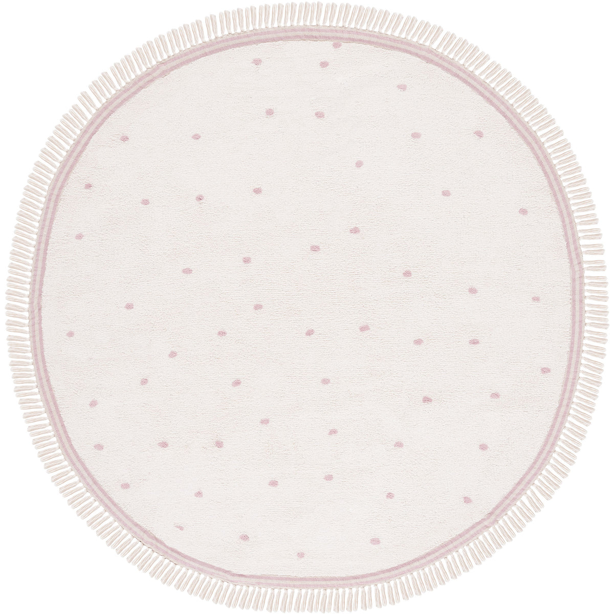 Round ivory rug with pink polka dots and tassel fringe adds soft, playful charm. || ECR212U-6R || top_studio