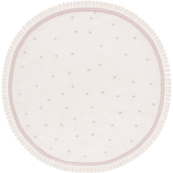Round ivory rug with pink polka dots and tassel fringe adds soft, playful charm. || ECR212U-6R || top_studio