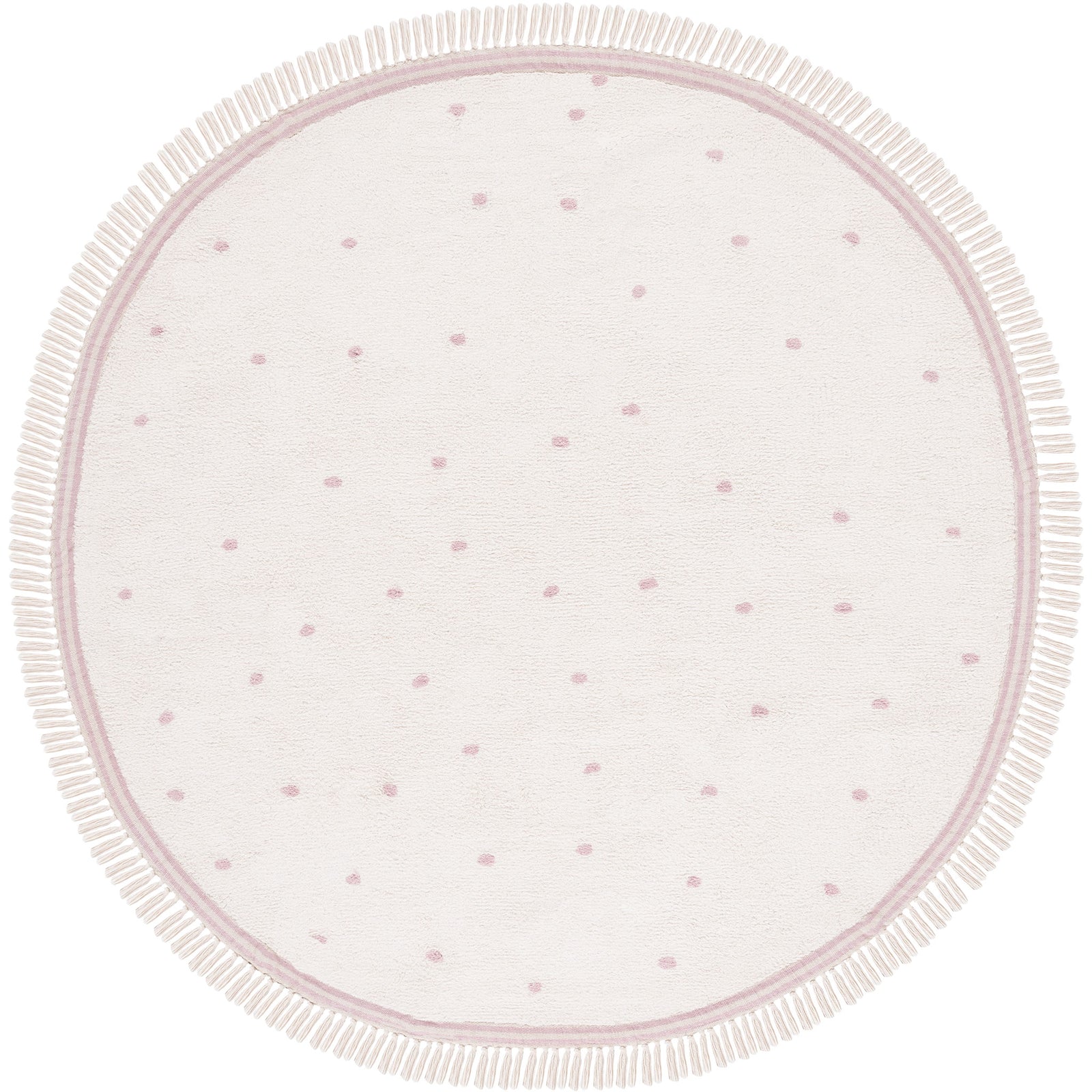 Round ivory rug with pink polka dots and tassel fringe adds soft, playful charm. || ECR212U-6R || top_studio