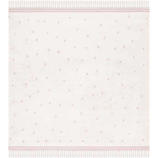 Square ivory rug dotted with pink and lined with tasseled ends || ECR212U-6SQ || top_studio