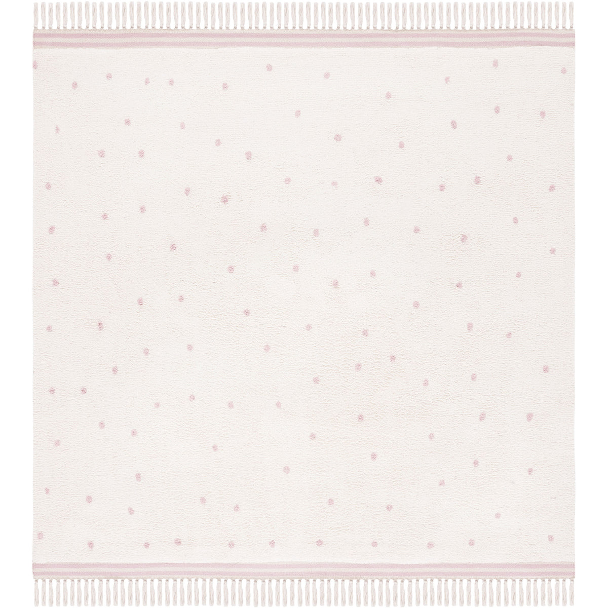 Square ivory rug dotted with pink and lined with tasseled ends || ECR212U-6SQ || top_studio
