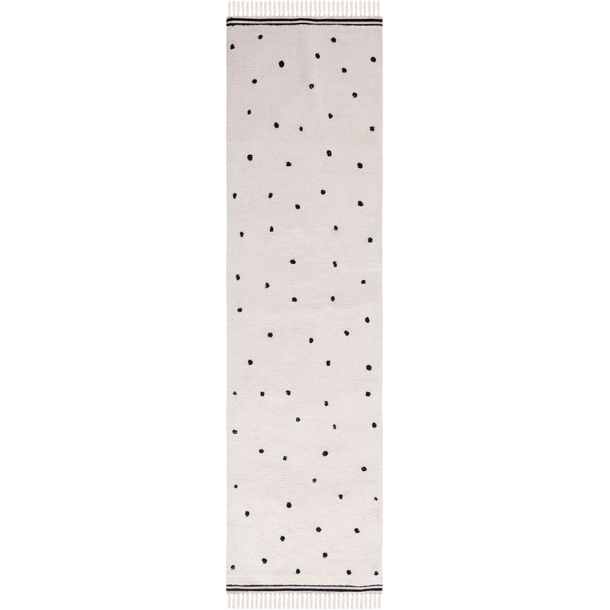 Ivory runner rug with playful black dots and tasseled edges for a clean, modern look || ECR212Z-29 || top_studio
