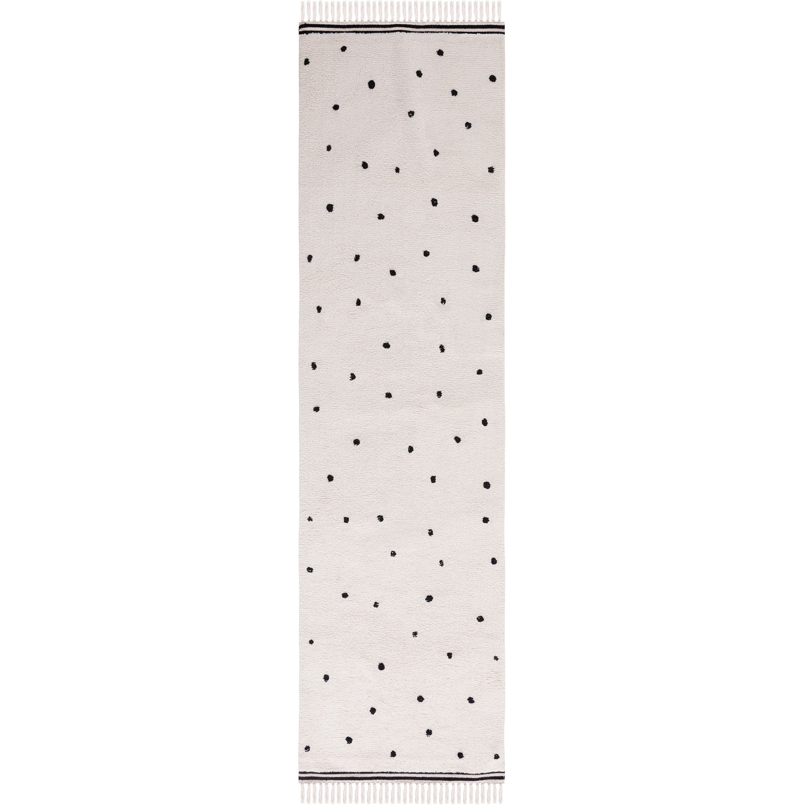 Ivory runner rug with playful black dots and tasseled edges for a clean, modern look || ECR212Z-29 || top_studio