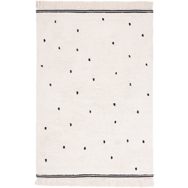 Ivory small area rug with scattered black dots and tasseled edges. || ECR212Z-4 || top_studio