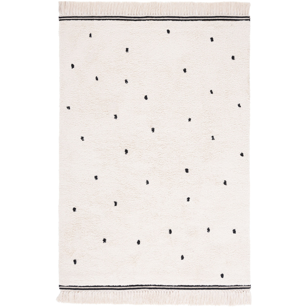 Ivory small area rug with scattered black dots and tasseled edges. || ECR212Z-4 || top_studio