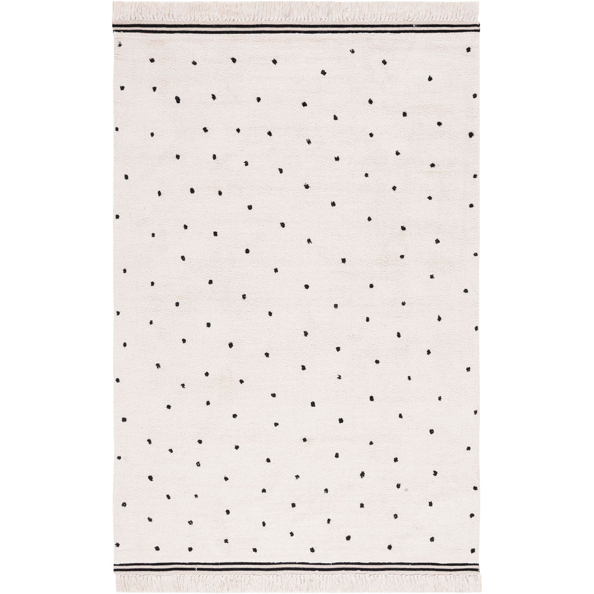 Ivory rug with playful black dots and fringed edges brings soft, modern charm to any space. || ECR212Z-5 || top_studio