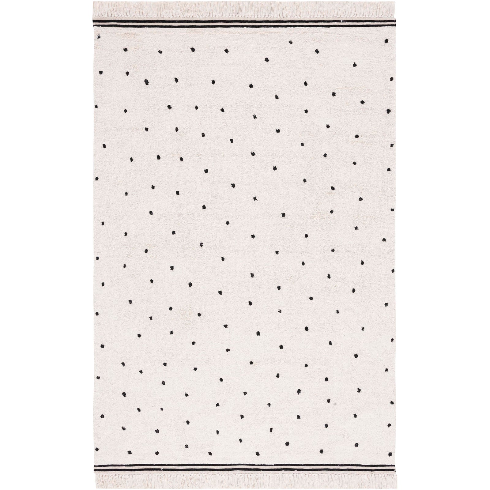 Ivory rug with playful black dots and fringed edges brings soft, modern charm to any space. || ECR212Z-5 || top_studio