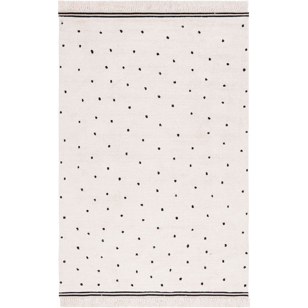 Ivory rug with playful black dots and fringed edges brings soft, modern charm to any space. || ECR212Z-5 || top_studio