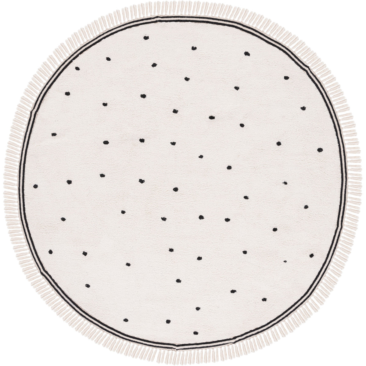 Round ivory rug with playful black dots and tassel fringe for a modern Scandinavian touch || ECR212Z-6R || top_studio