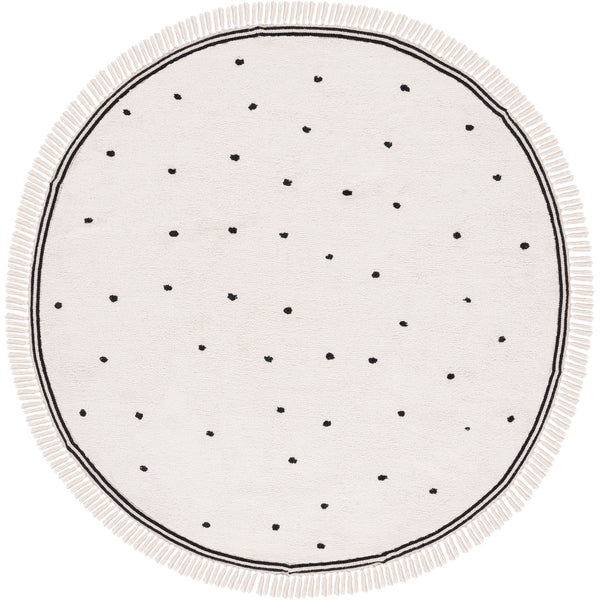 Round ivory rug with playful black dots and tassel fringe for a modern Scandinavian touch || ECR212Z-6R || top_studio