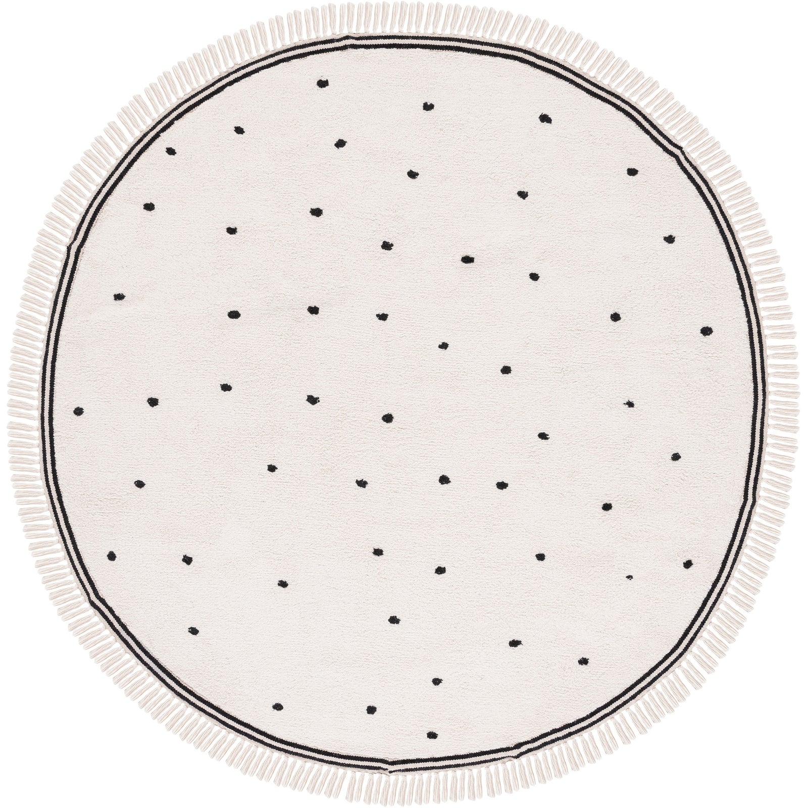 Round ivory rug with playful black dots and tassel fringe for a modern Scandinavian touch || ECR212Z-6R || top_studio