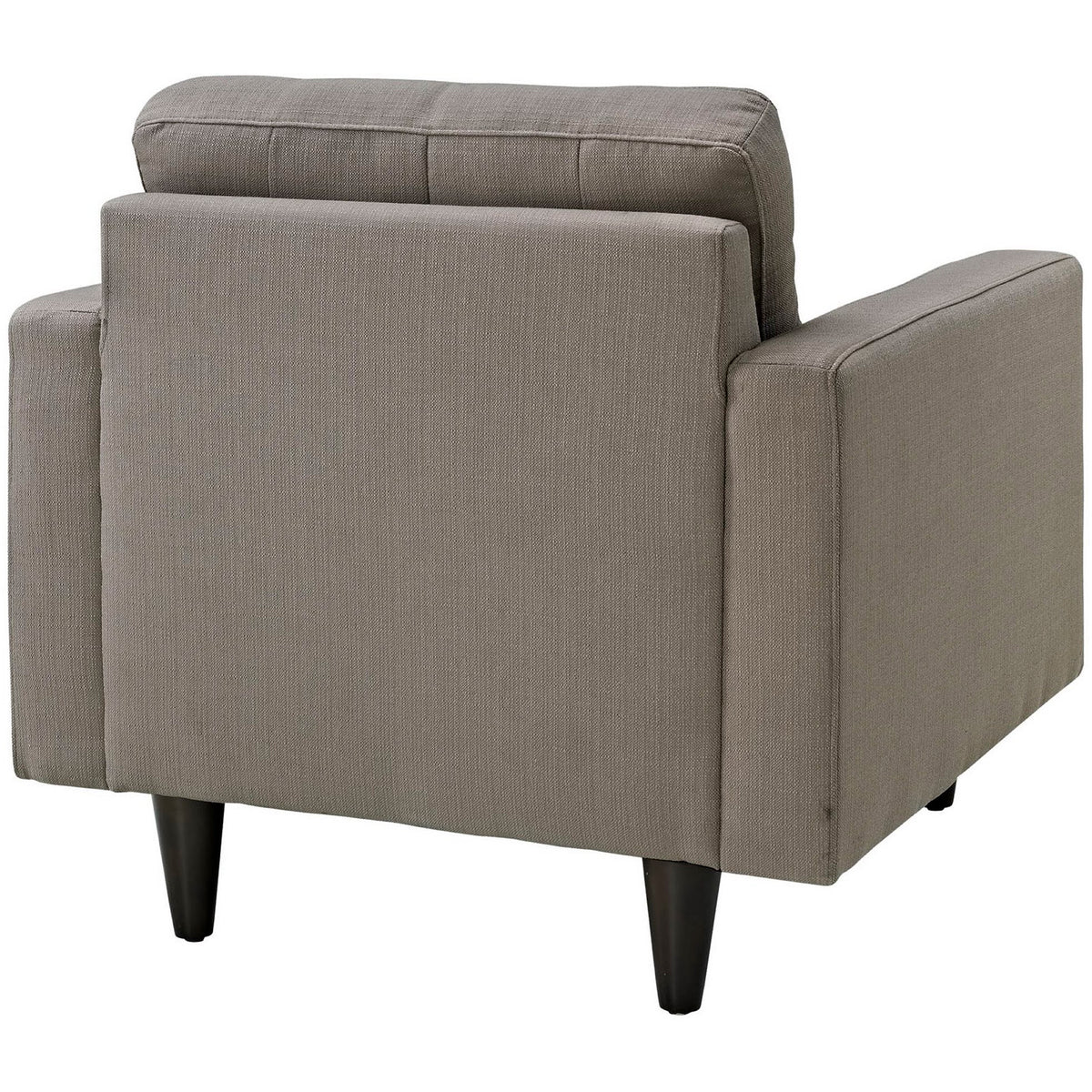 Tailored gray fabric wraps the back and square arms above dark tapered legs