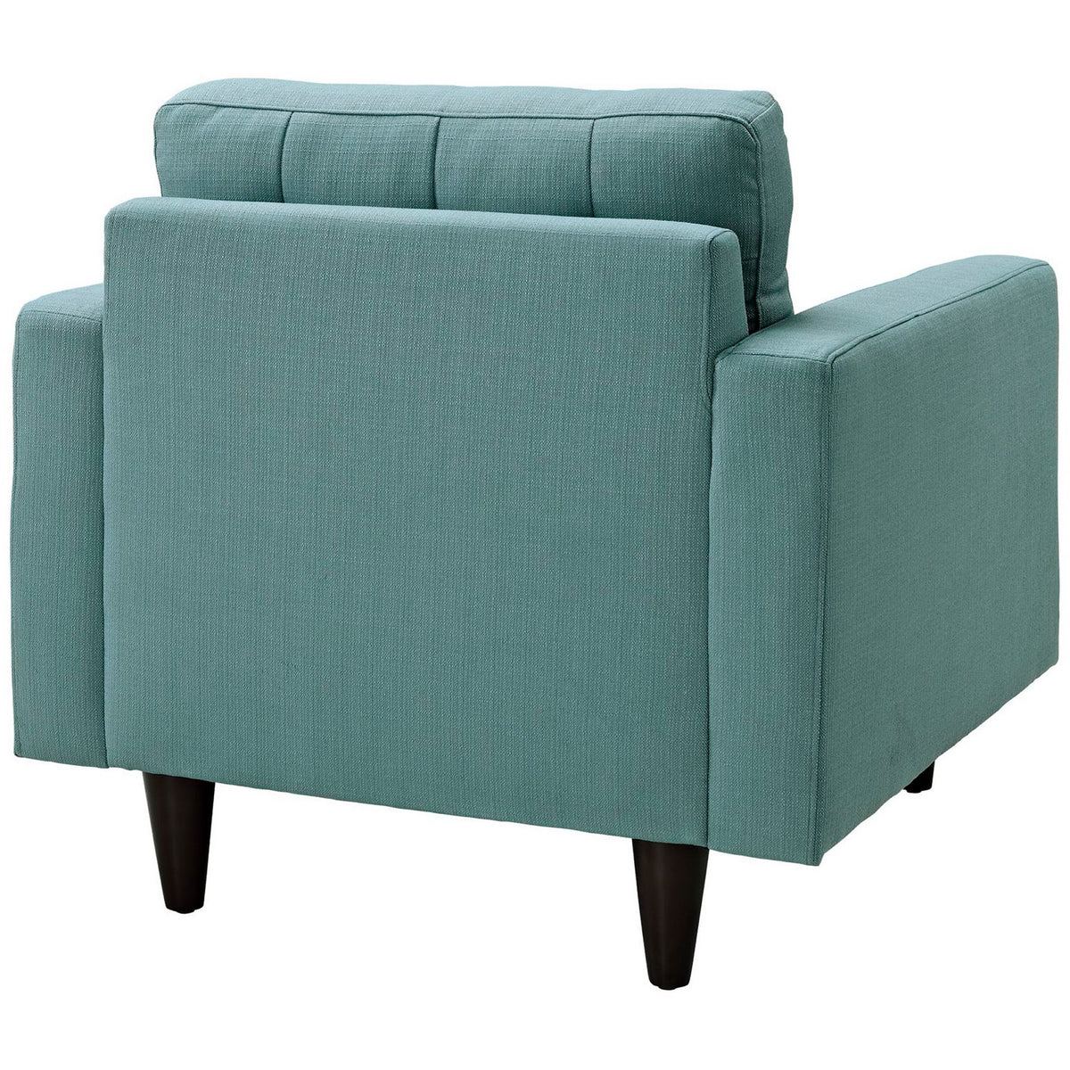 A neat upholstered back and squared arms showcase cool teal-blue fabric