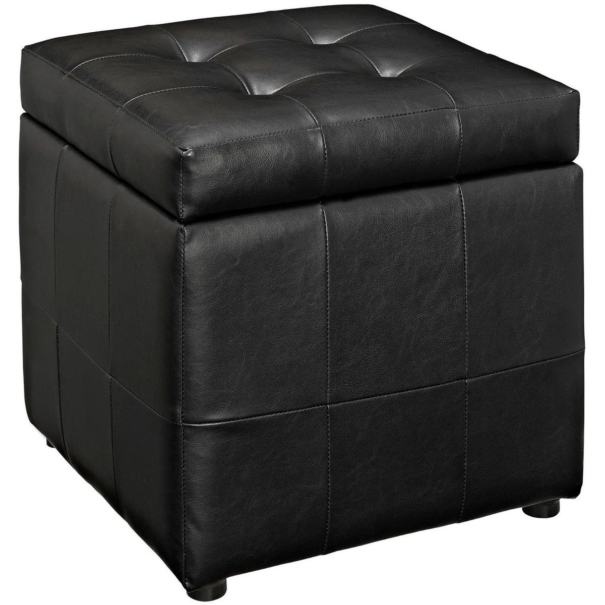 Compact black storage ottoman with stitched panels and subtle low-profile feet for modern versatility || EEI-1044-BLK || front_angle_studio
