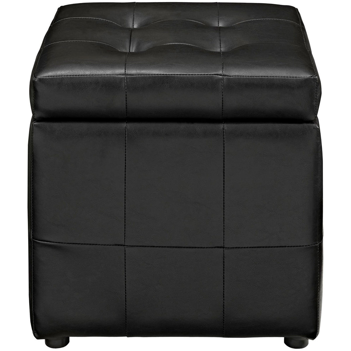 Black faux leather storage ottoman with button tufted top and clean square silhouette || EEI-1044-BLK || front_studio