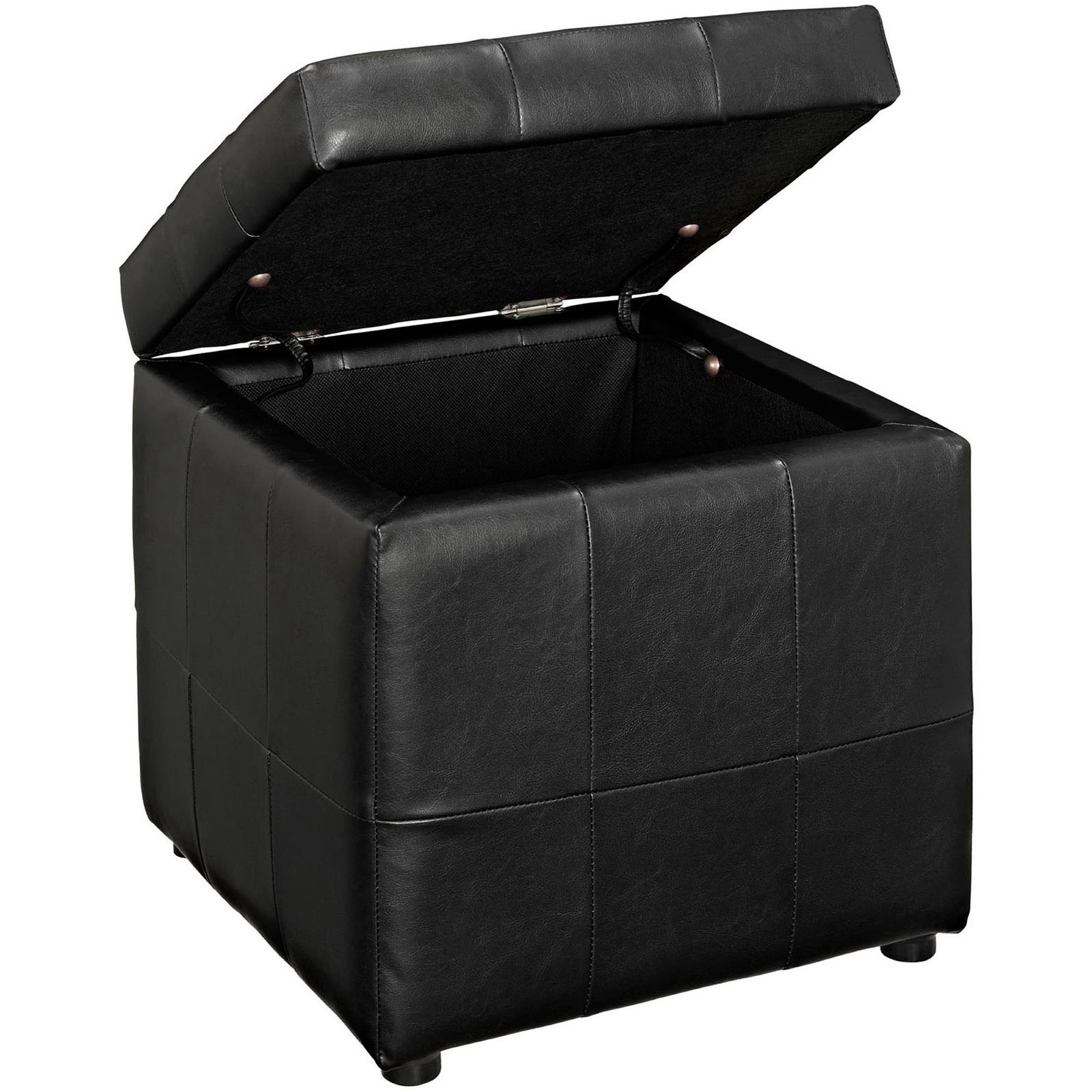 Black faux leather ottoman with hinged lid lifted to reveal a deep, lined storage compartment || EEI-1044-BLK || front_angle_open_studio