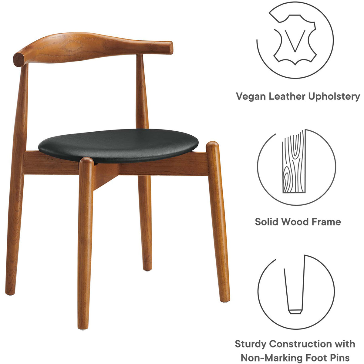 A black vegan leather seat joins a solid wood frame with sturdy, non-marking foot pins.