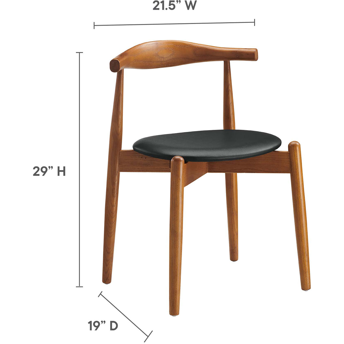 This wood dining chair with a black cushioned seat measures 21.5 inches wide, 19 inches deep, and 29 inches tall.