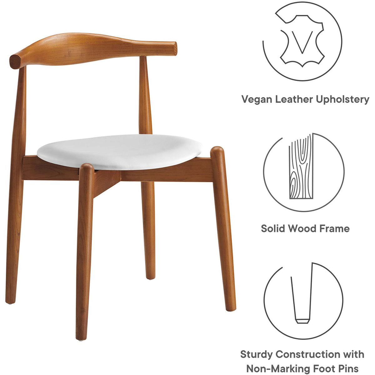 White vegan leather upholstery complements a solid wood frame and non-marking foot pins.