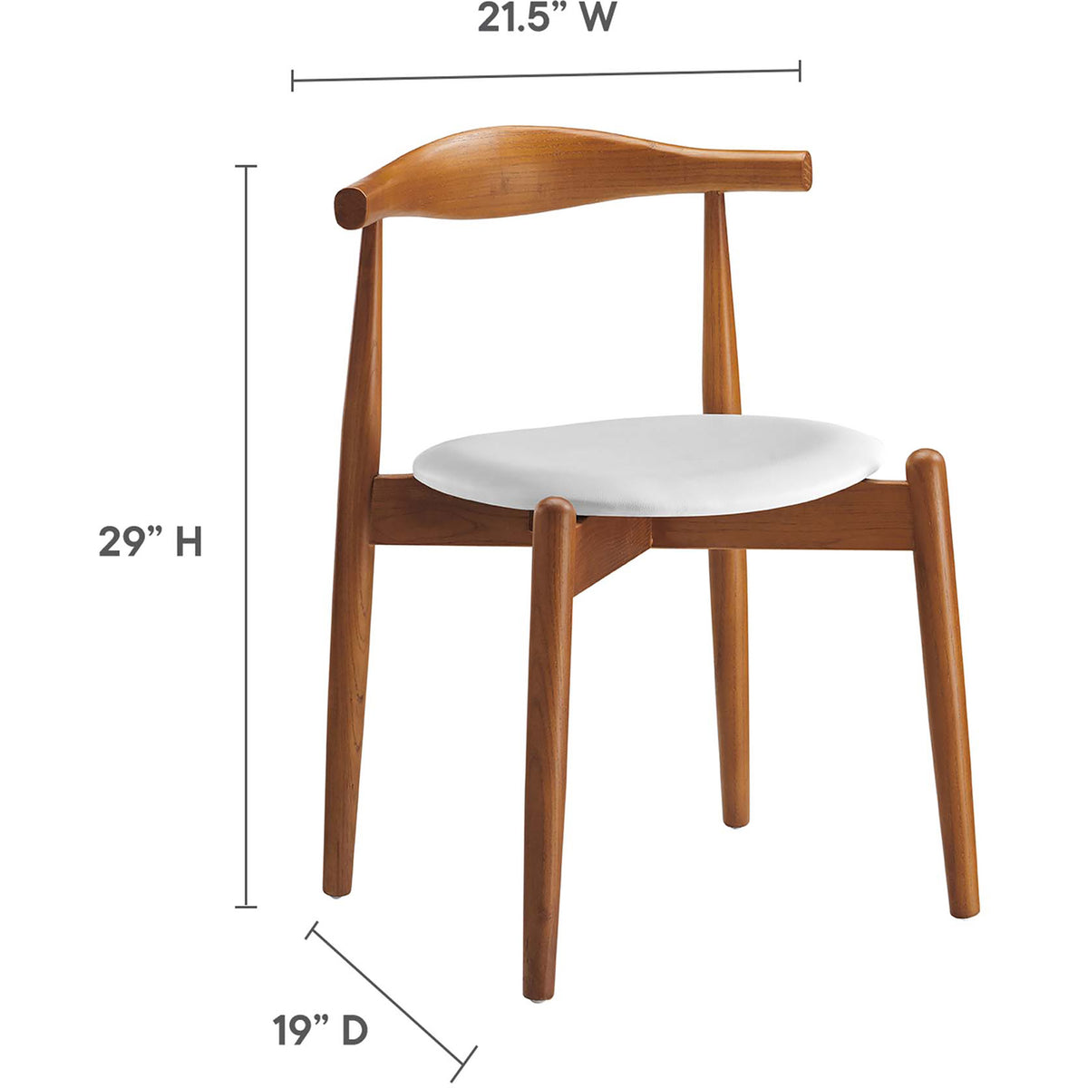 A white cushioned seat tops a wood dining chair measuring 21.5 inches wide, 19 inches deep, and 29 inches tall.