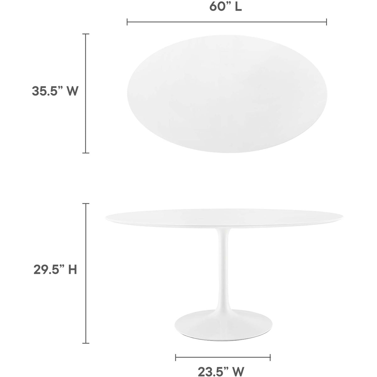 Dimensions of the 60-inch white oval dining table for six, ideal for open dining rooms and modern kitchens