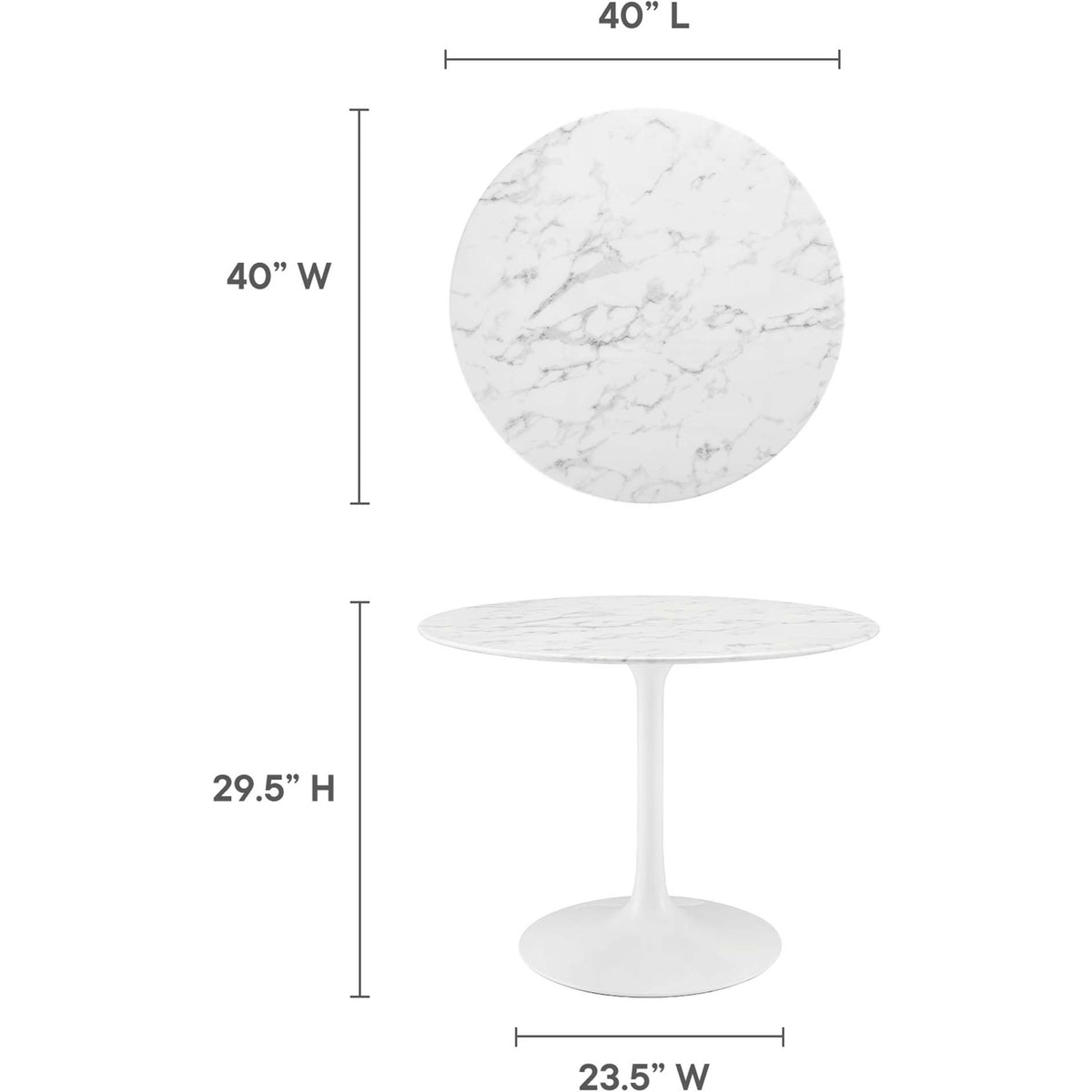 A 40-inch round top sits 29.5 inches high on a 23.5-inch circular base.