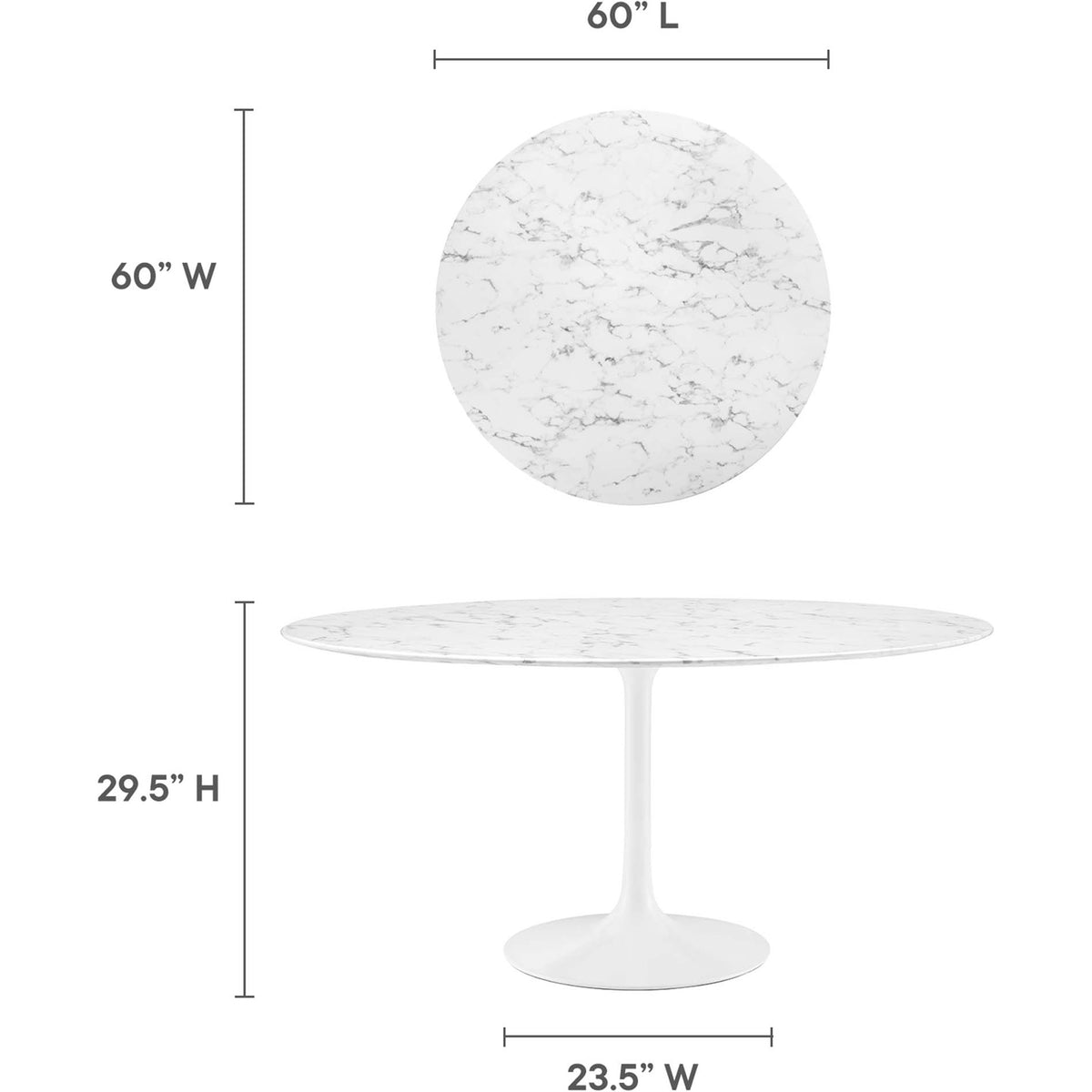 A 60-inch round dining surface is supported 29.5 inches high by a 23.5-inch base.