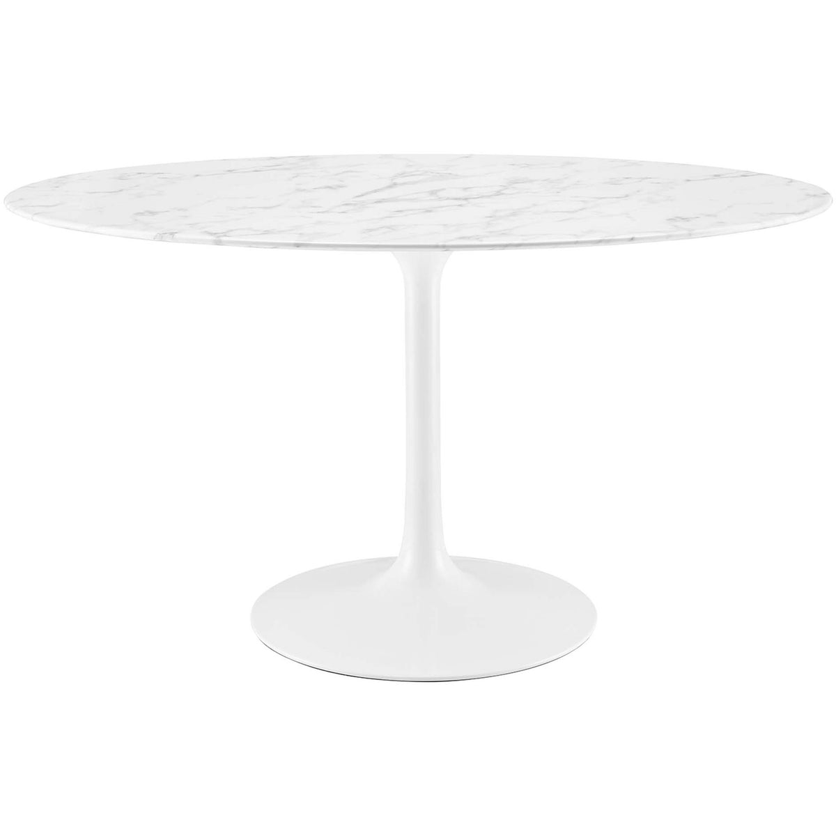 White 54 inch oval faux marble dining table with pedestal base brings smooth mid century style to meals || EEI-1134-WHI || front_studio