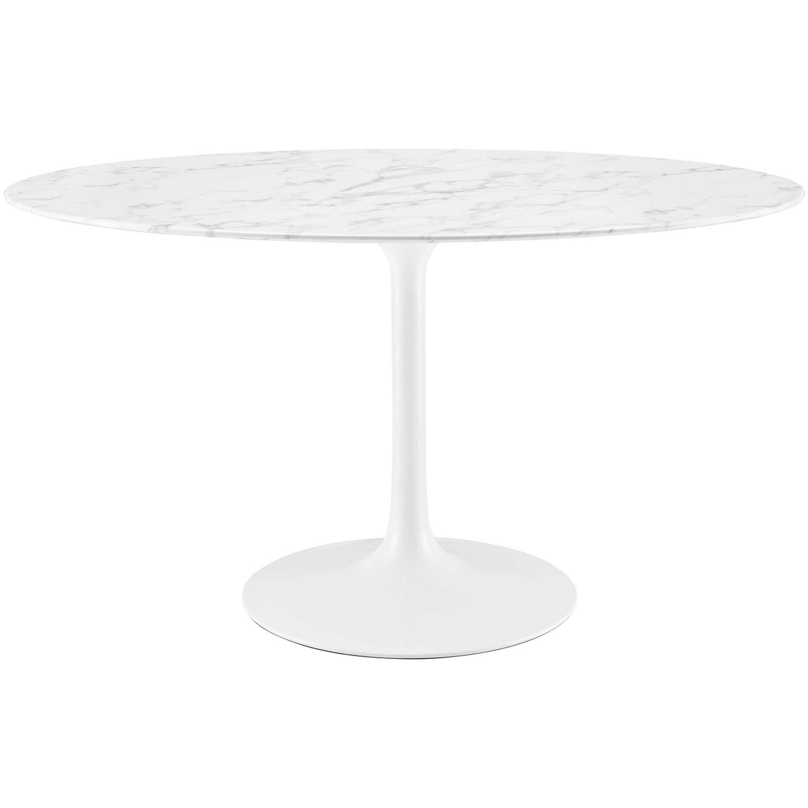 White 54 inch oval faux marble dining table with pedestal base brings smooth mid century style to meals || EEI-1134-WHI || front_studio