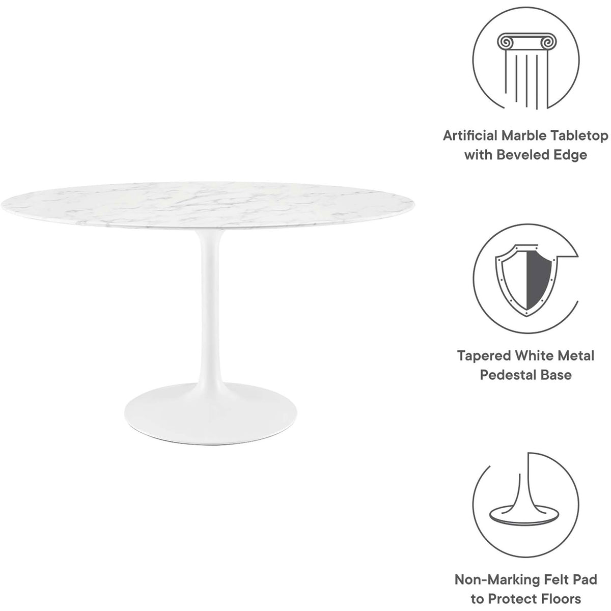 Illustrated overview calls out the marble look top, metal pedestal base, and floor safe felt pad || EEI-1134-WHI || callout_studio