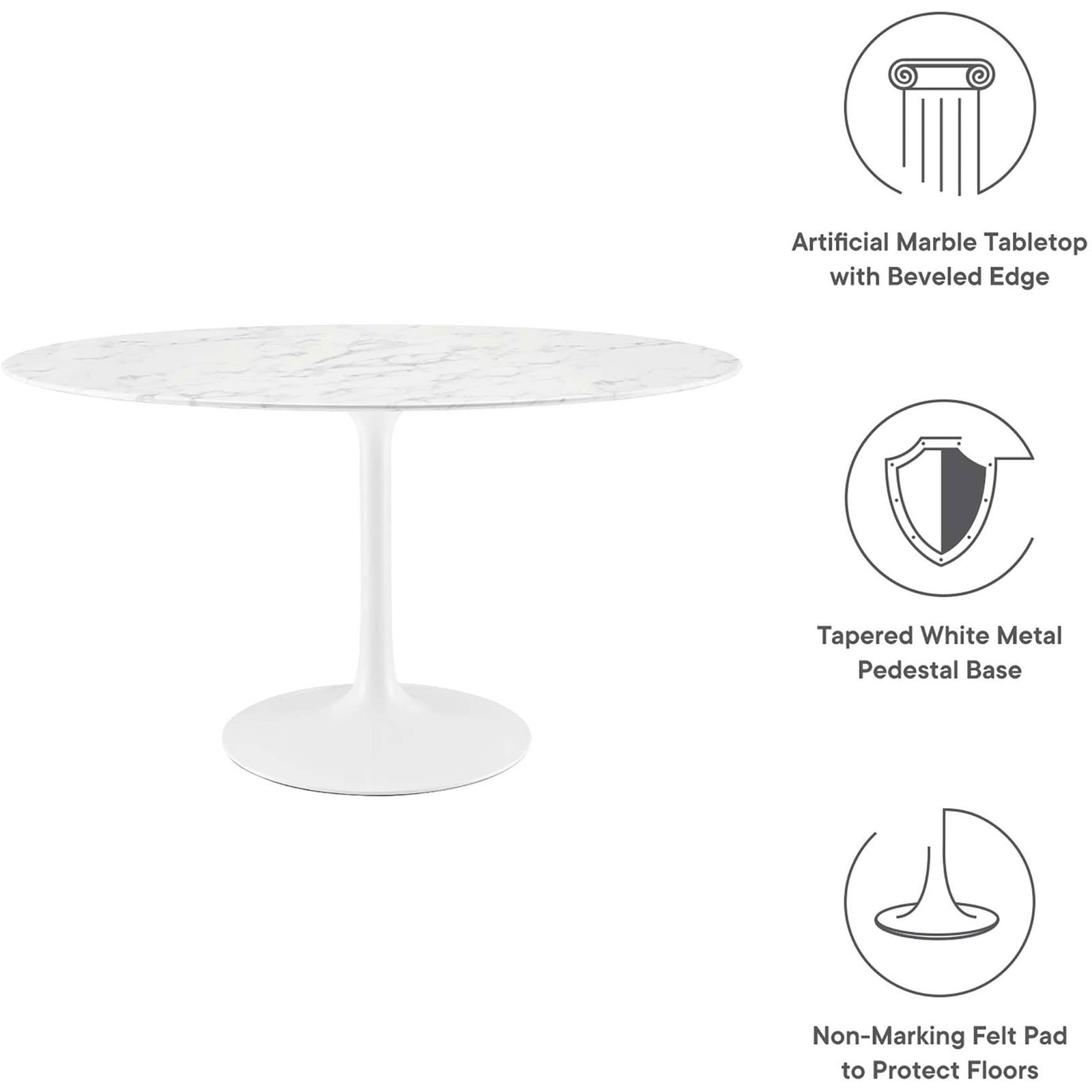 Illustrated overview calls out the marble look top, metal pedestal base, and floor safe felt pad || EEI-1134-WHI || callout_studio
