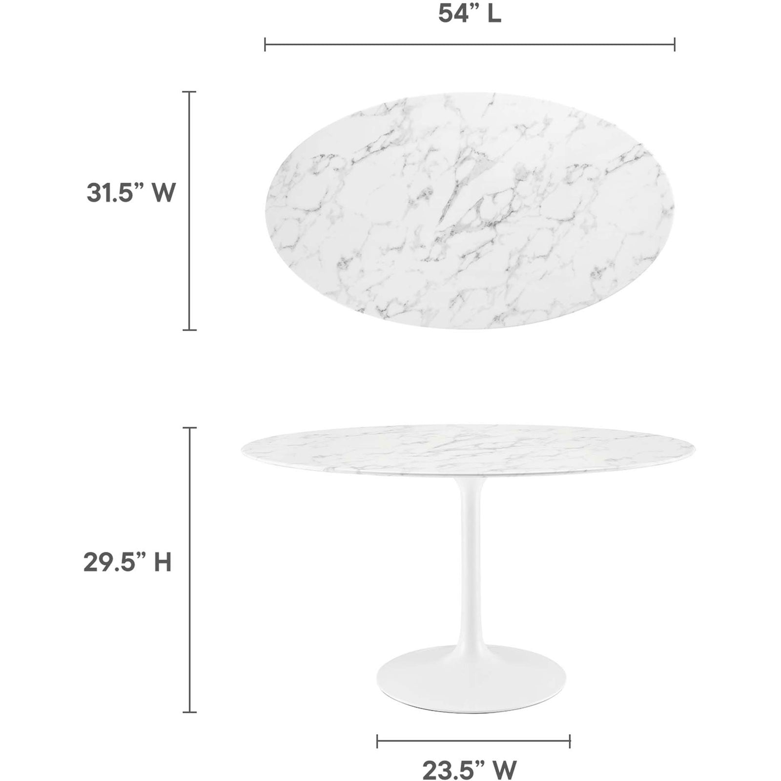 Measurement graphic shows length, width, and height of the 54 inch oval faux marble dining table || EEI-1134-WHI || dimension_studio