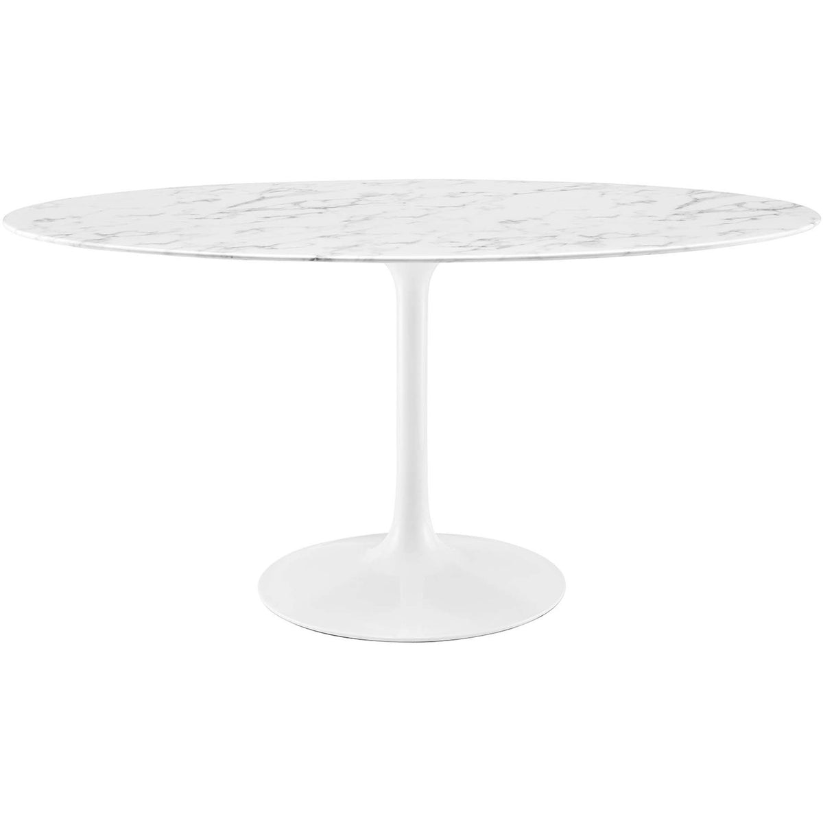 Spacious white 60 inch oval faux marble dining table with pedestal base brings modern elegance || EEI-1135-WHI || front_studio