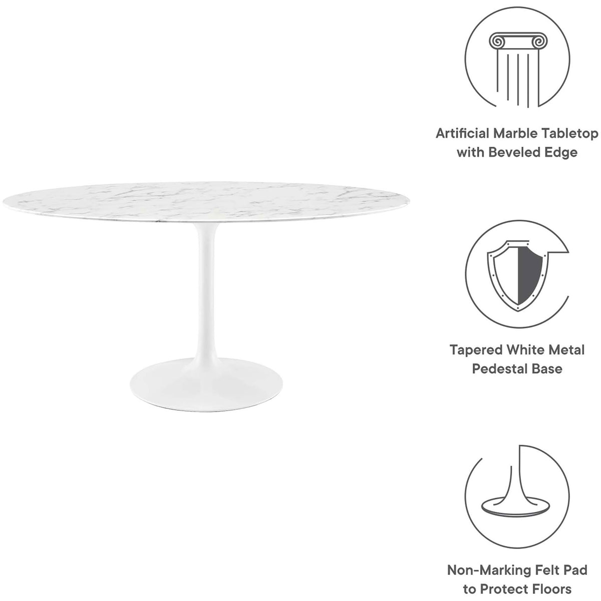 Callout graphic spotlights the marble effect top, tapered pedestal column, and protective pad || EEI-1135-WHI || callout_studio