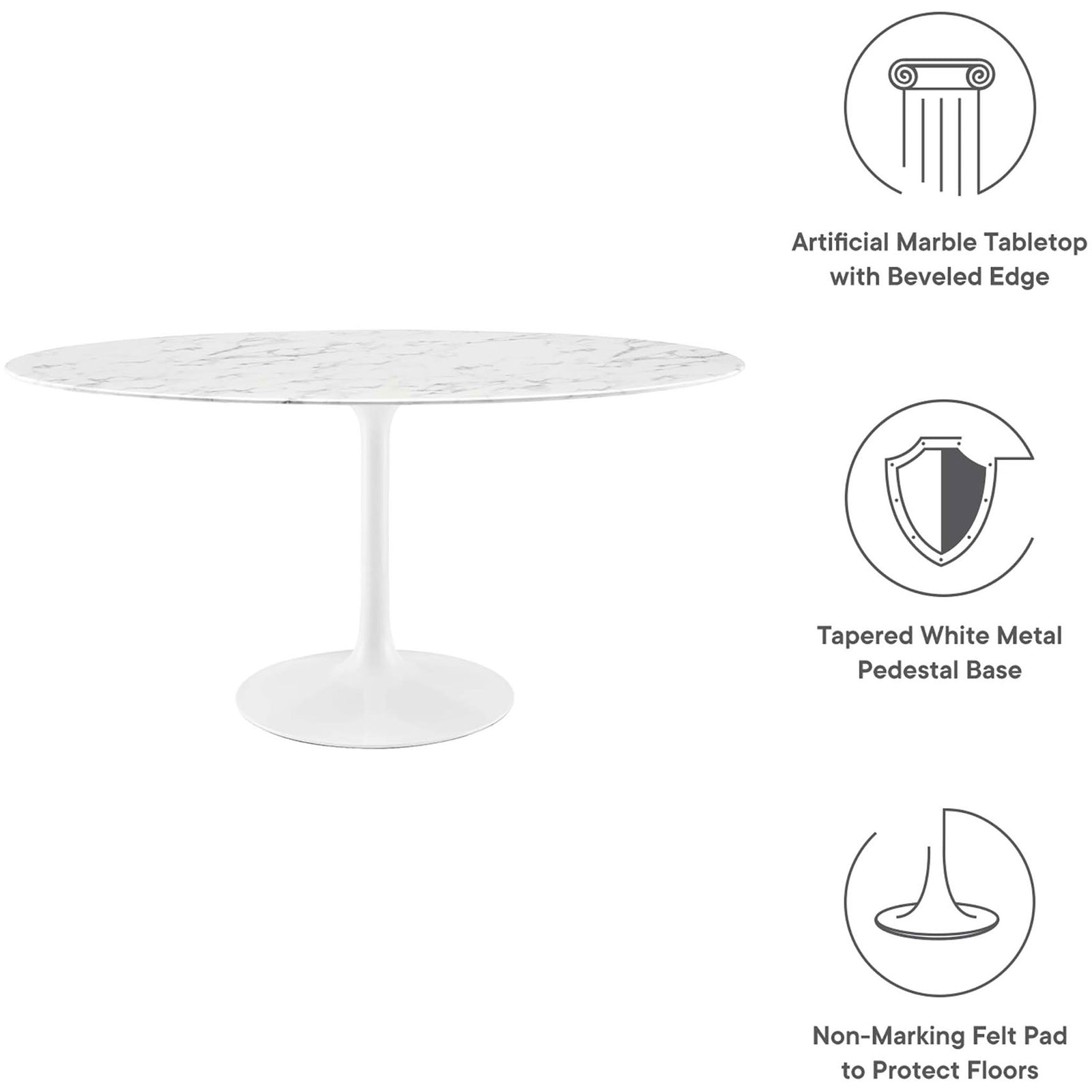 Callout graphic spotlights the marble effect top, tapered pedestal column, and protective pad || EEI-1135-WHI || callout_studio
