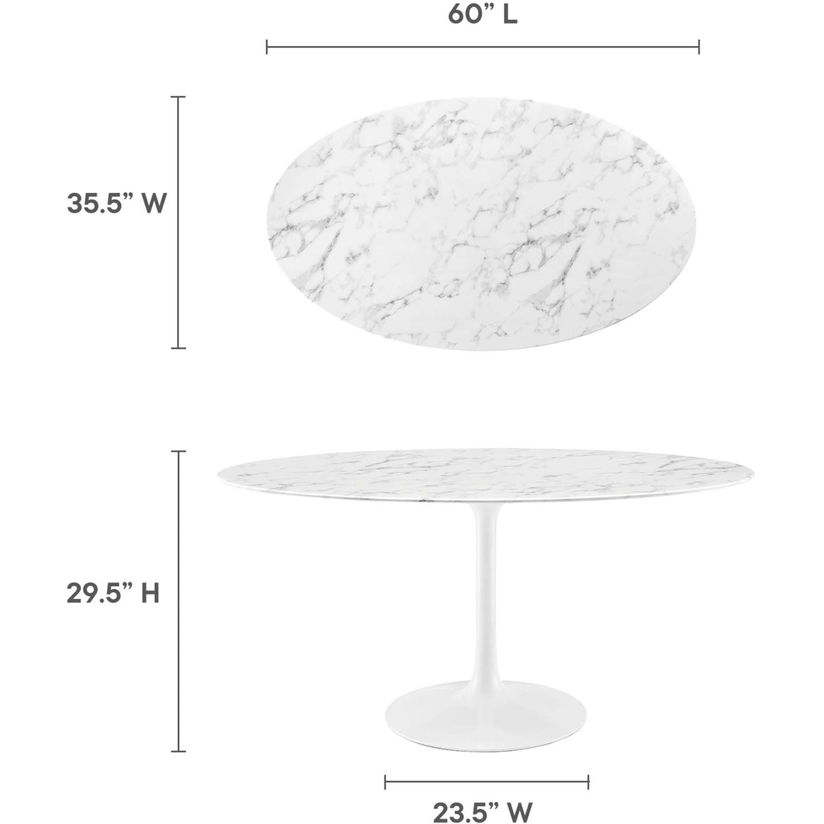 Dimension image outlines the 60 by 35.5 inch oval tabletop and 29.5 inch table height || EEI-1135-WHI || dimension_studio