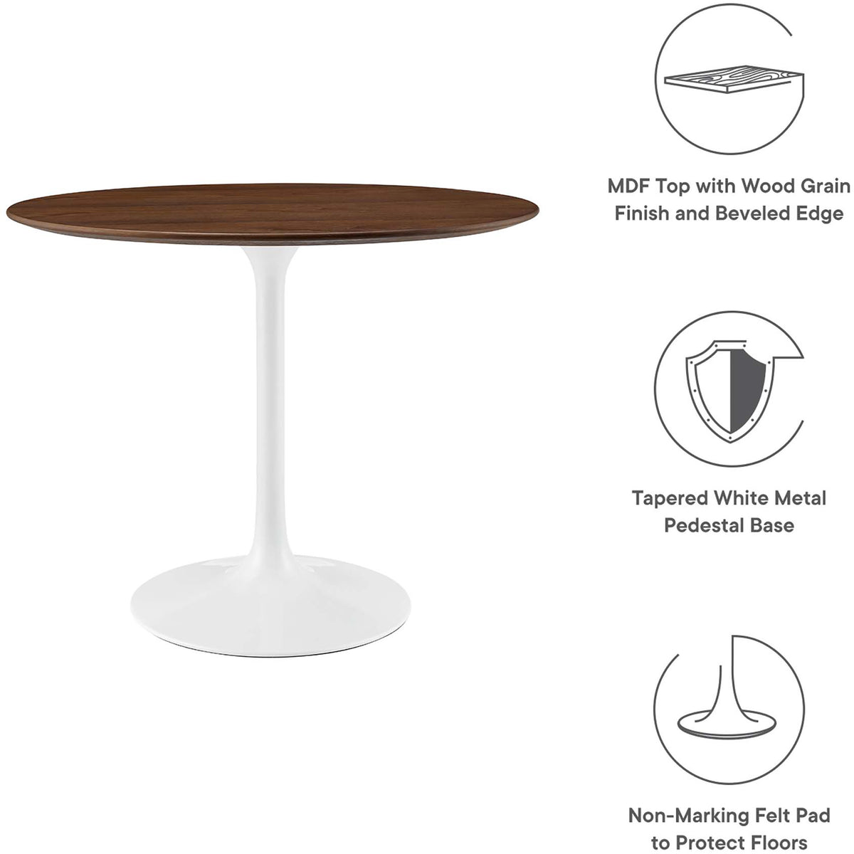 A beveled walnut-veneer top rests on a white metal pedestal with a floor-protecting felt pad.