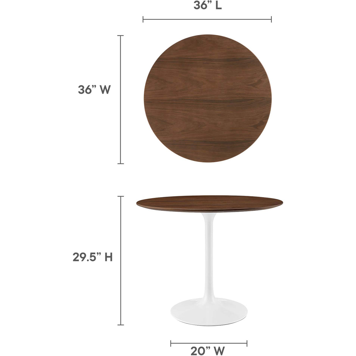 A 36-inch round wood top pairs with a compact 20-inch white pedestal base.