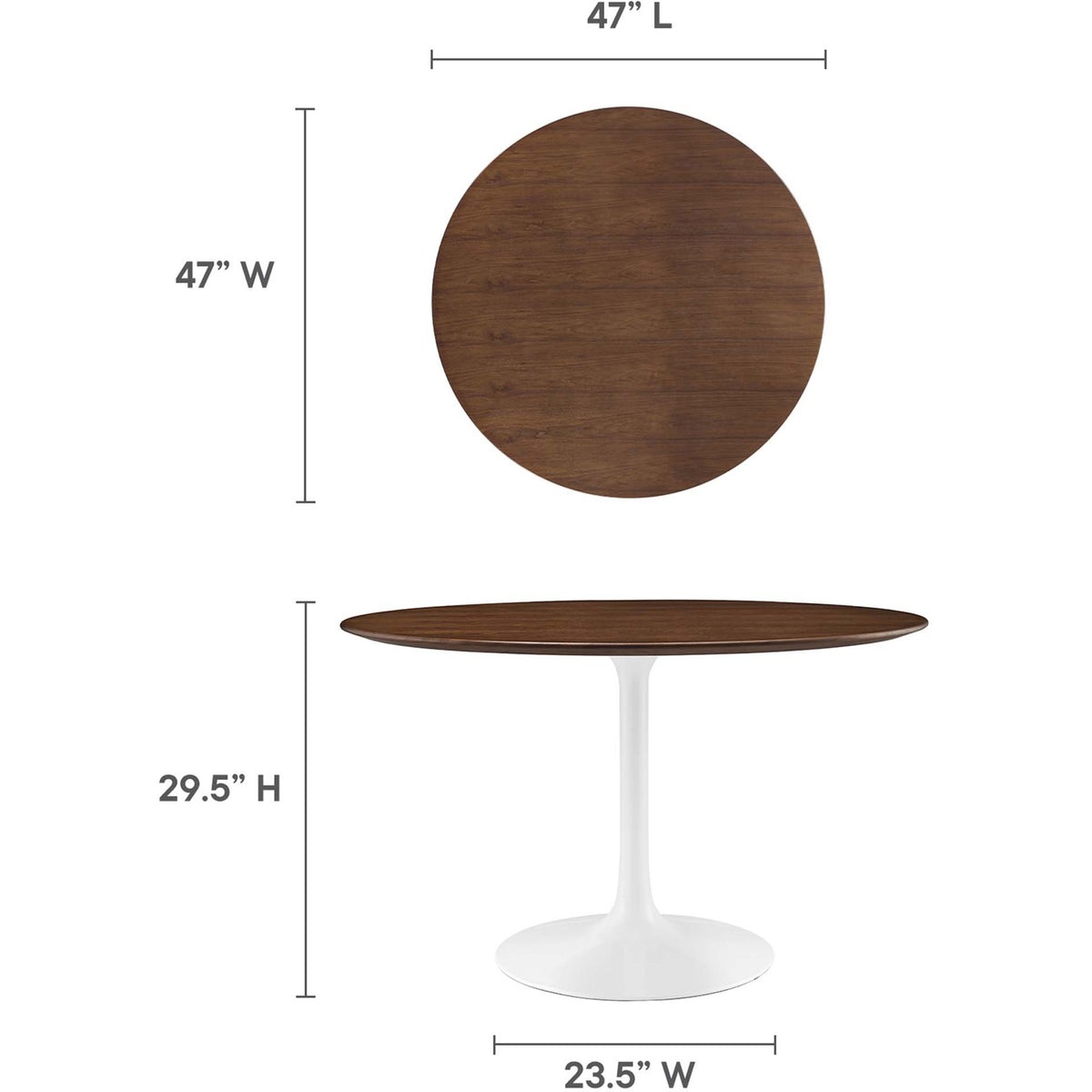 A broad round walnut top and a 23.5-inch white base offer an airy dining profile.