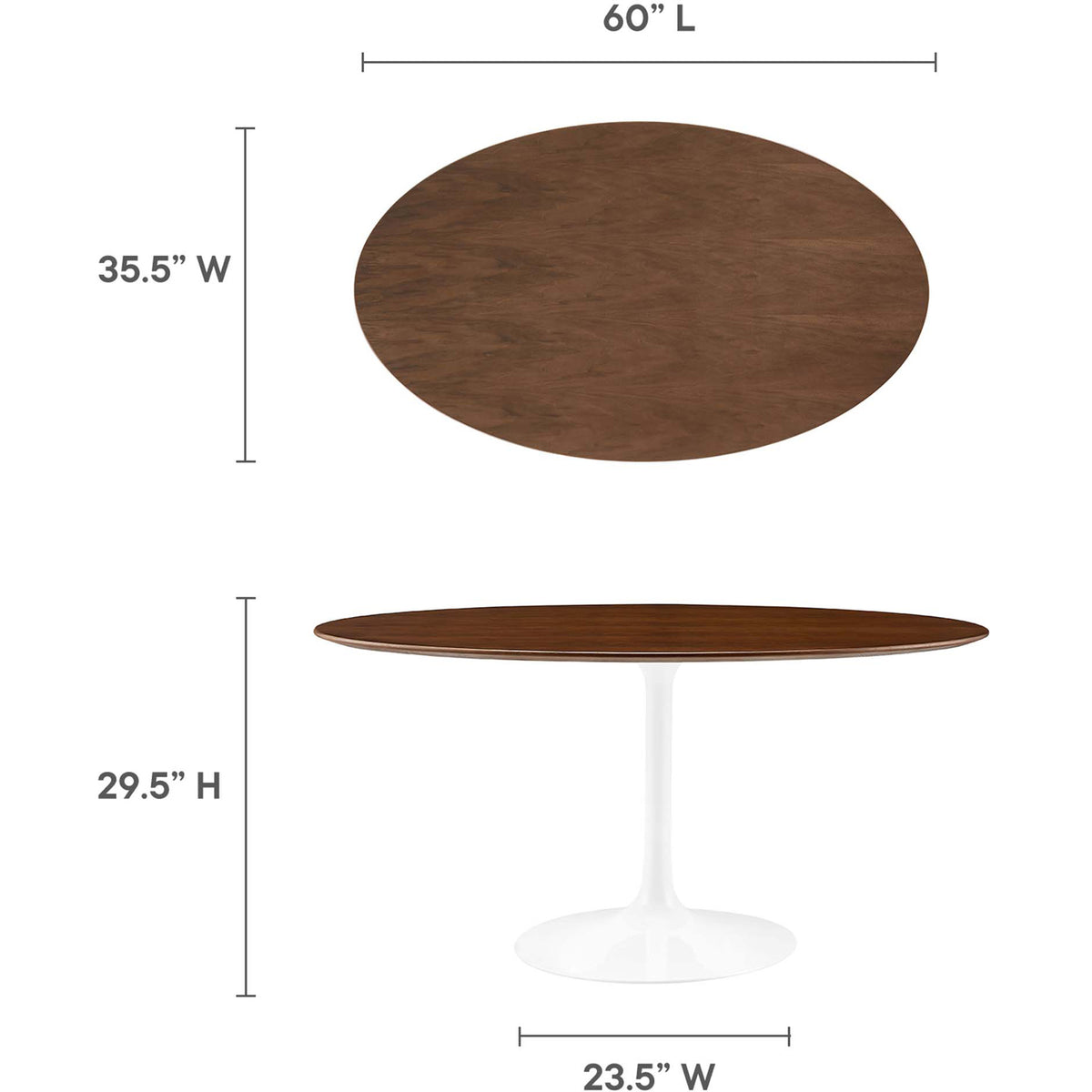 Dimensions for the 60-inch oval walnut dining table outline generous length, width, and pedestal base size