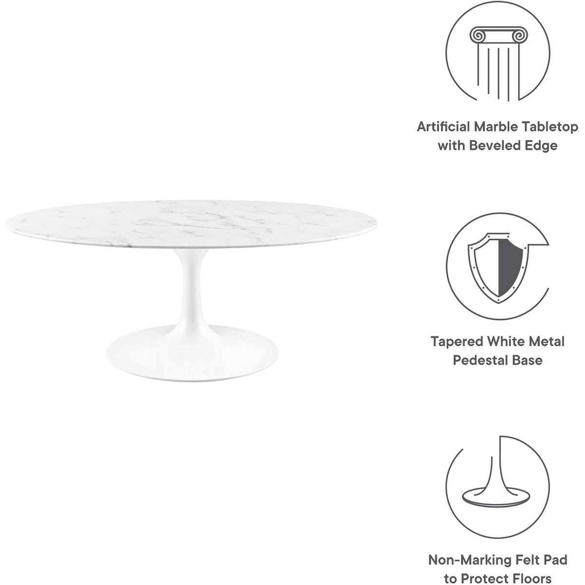 Beveled faux marble top, tapered metal pedestal, and a floor-protecting felt pad blend style and practicality.